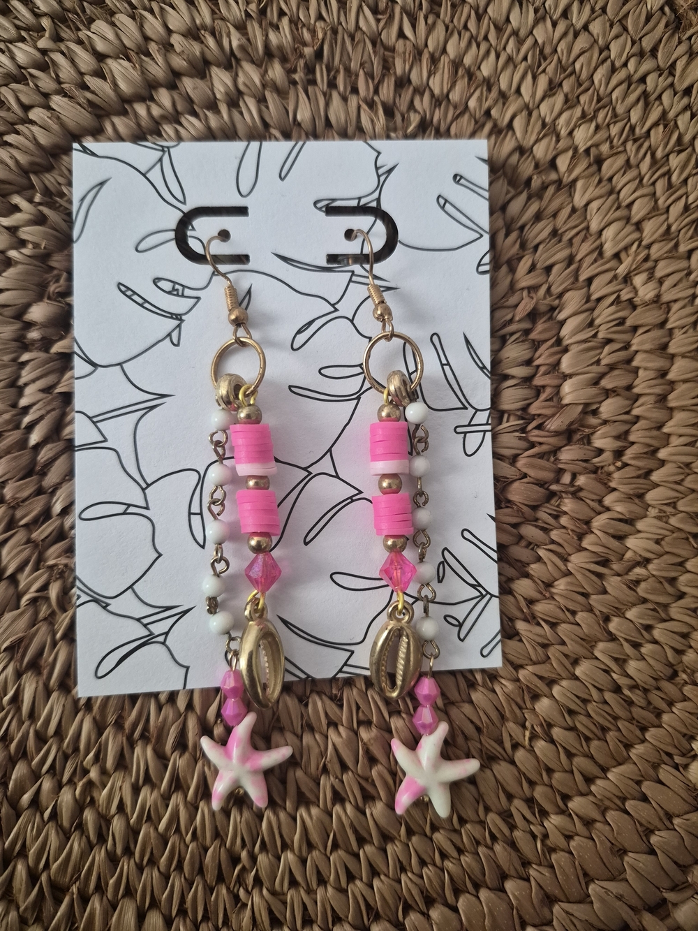 Handmade Pink Beaded Star & Shell Earrings
